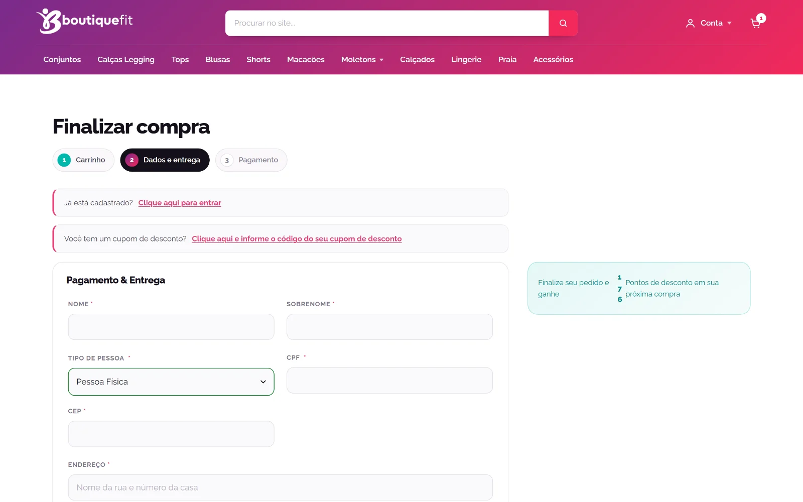 Checkout da Boutique Fit em três etapas, com campos de CPF e CEP