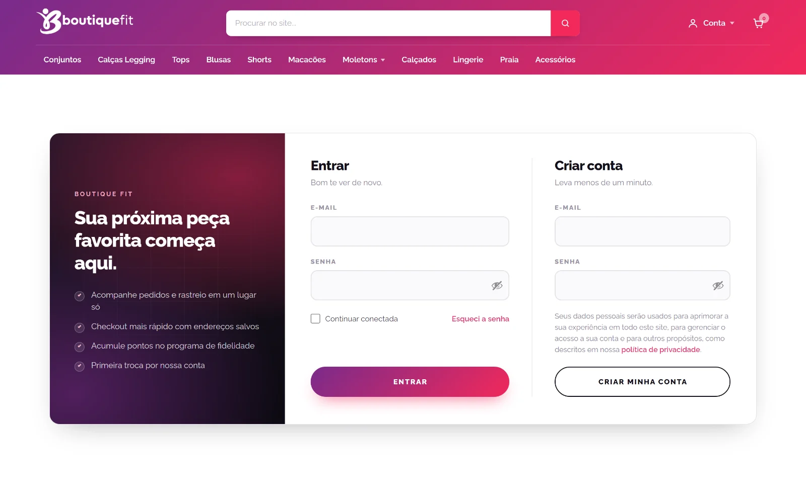 Tela de login e cadastro da área do cliente
