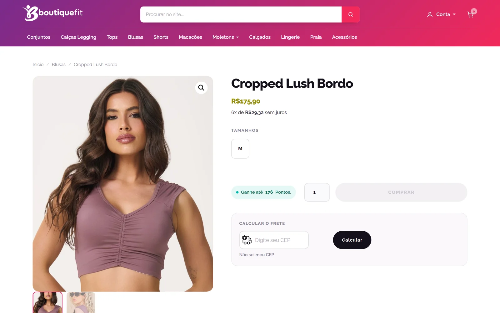 Página de produto com galeria, seleção de tamanho e cálculo de frete