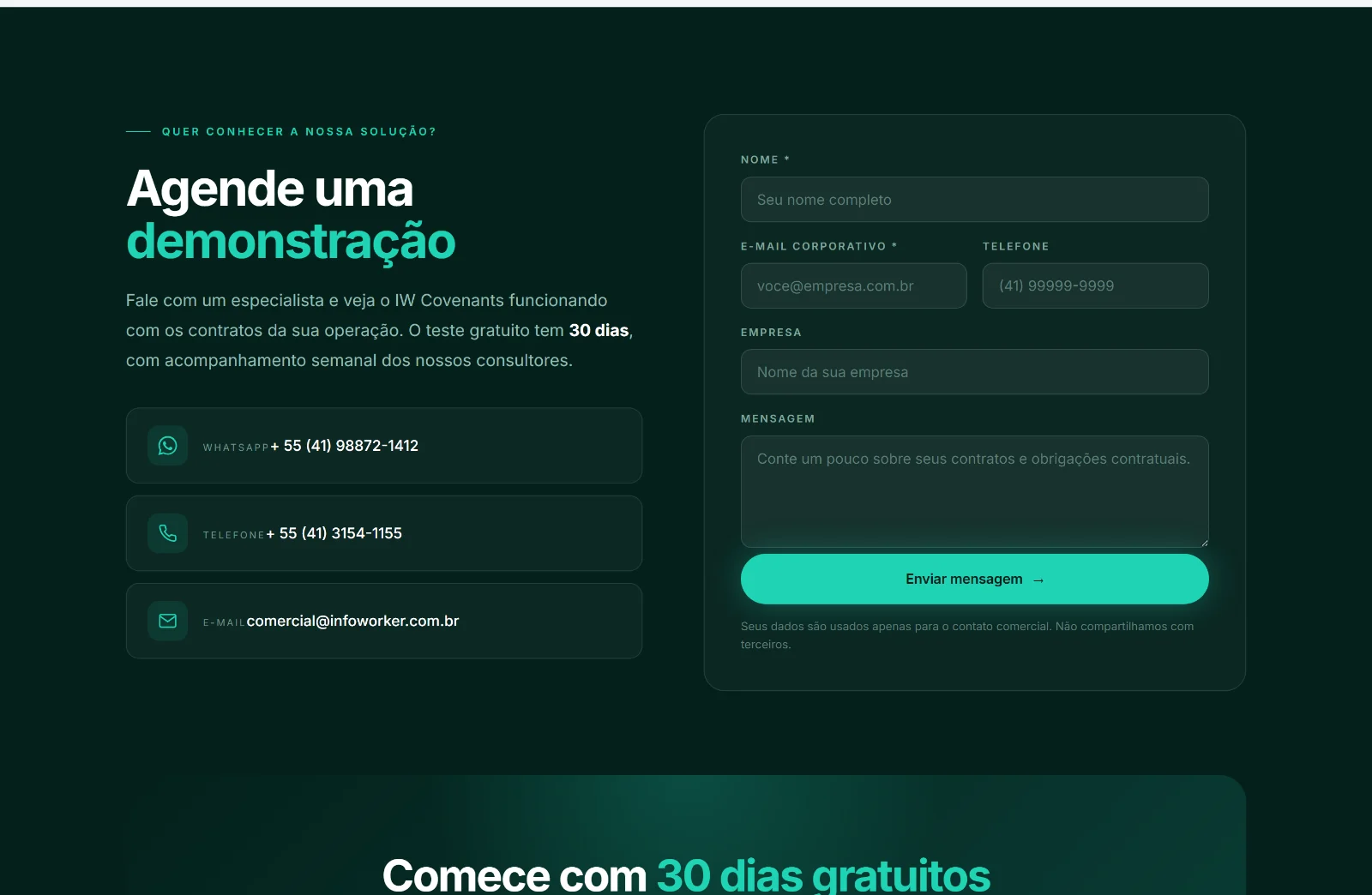 Seção de contato com formulário e canais diretos
